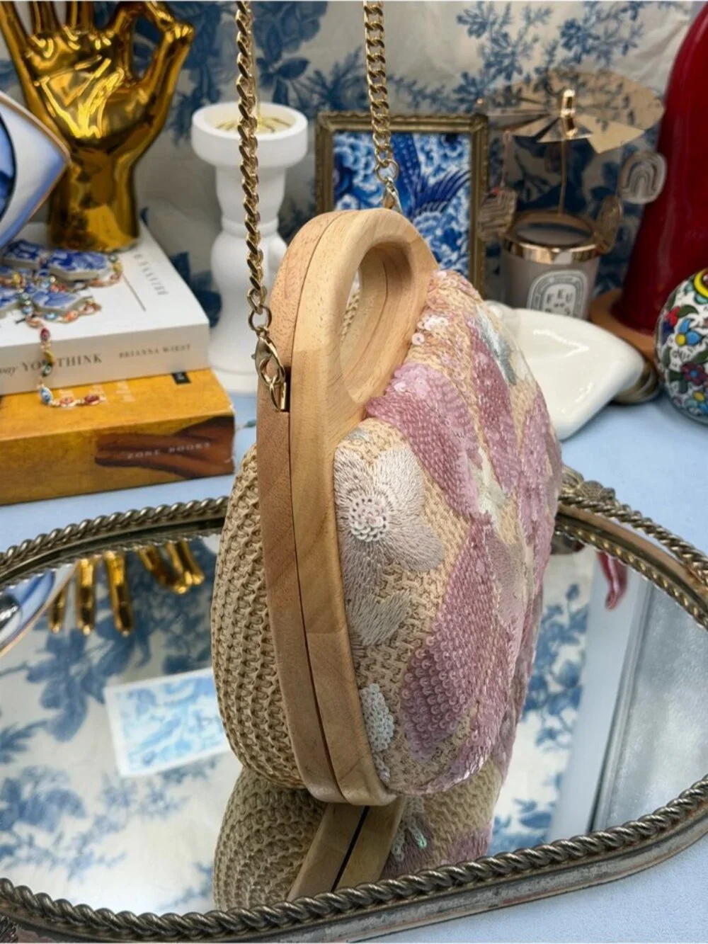 🆕 HAUTE HIPPIE 🧿 NWOT Floral Sequin & Crochet Wooden Clutch w Chain, Pink - Picture 7 of 16